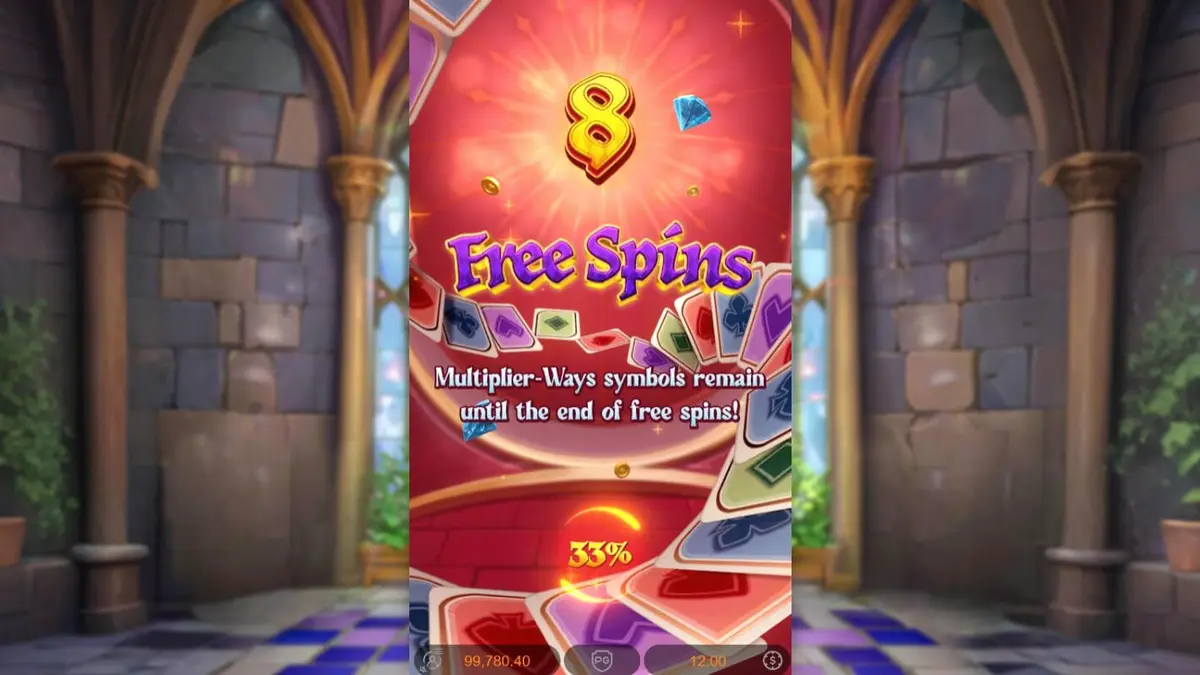 Tampilan visual slot Poker Kingdom Win dengan tema abad pertengahan dan kartu remi