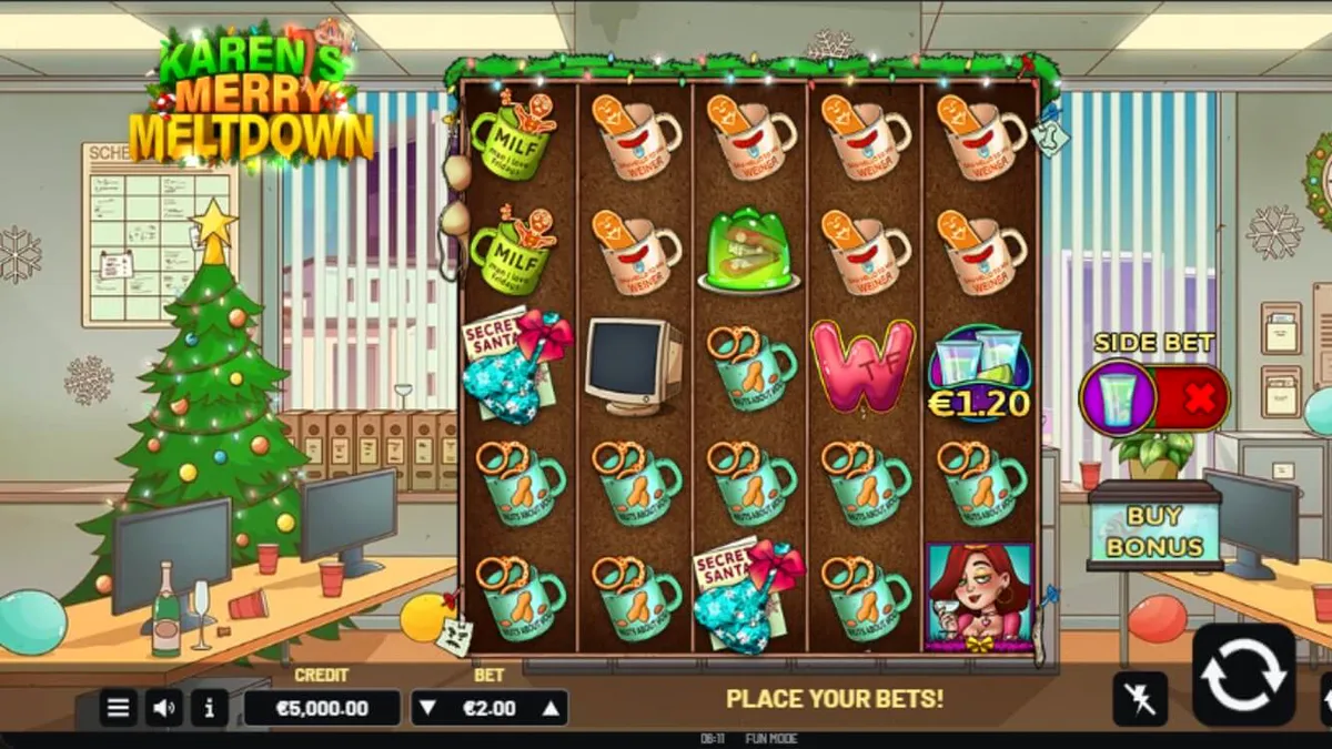 Tampilan visual slot Karen’s Merry Meltdown dengan tema pesta kantor Natal yang kacau.