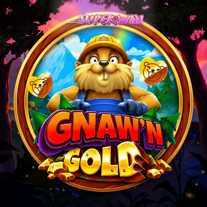 Tampilan layar permainan slot Gnaw’n Gold dengan karakter berang-berang dan simbol emas di latar belakang hutan.