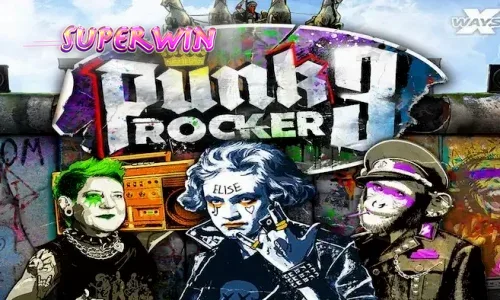 Tampilan layar permainan slot Punk Rocker 3 dengan gulungan yang penuh simbol bertema punk dan latar belakang kota Berlin yang grungy.